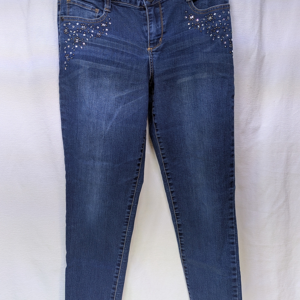 Cleo Petites Blue Skinny Jeans with Rhinestone Embellishments Size 6